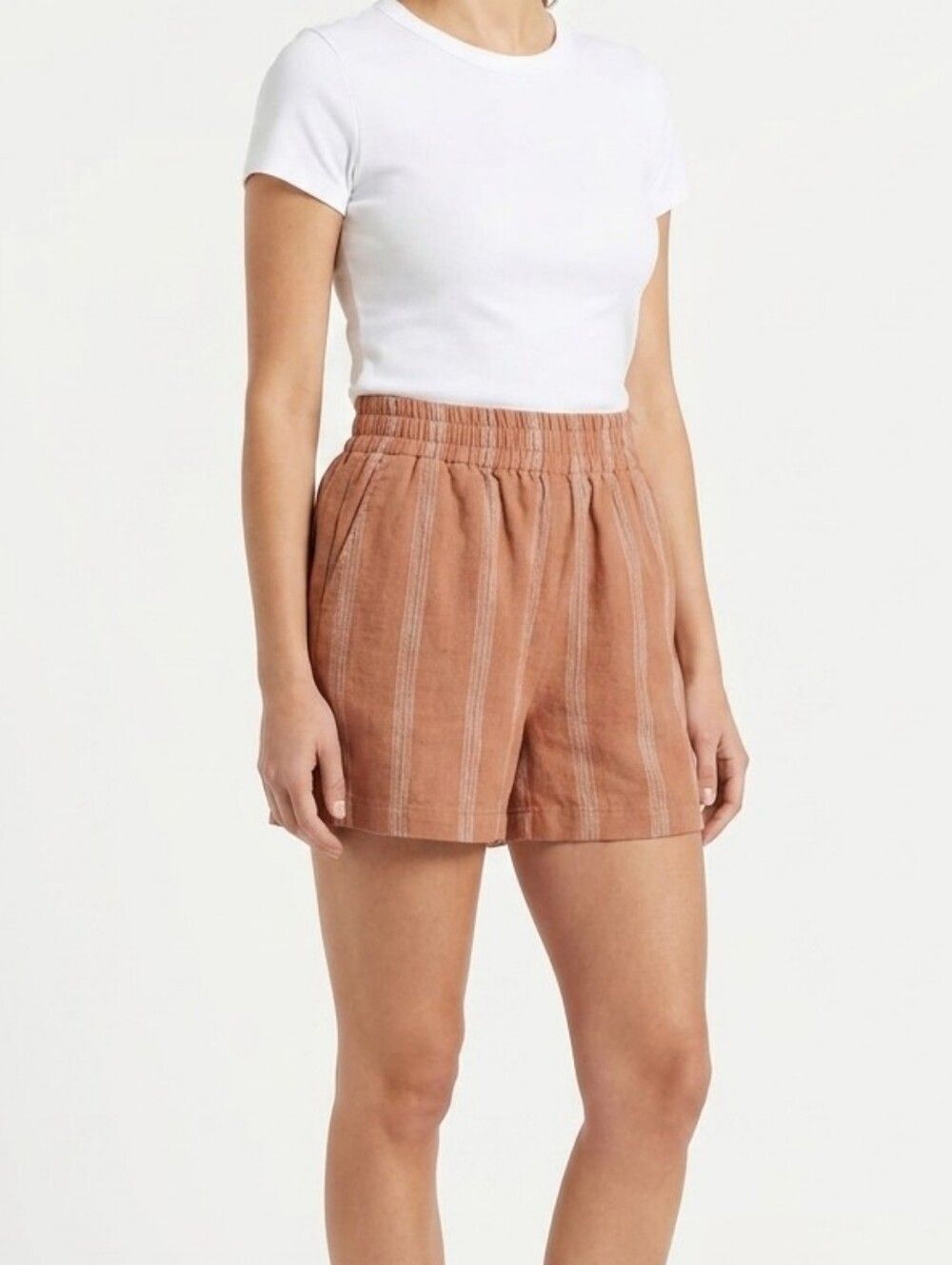 CRESCENT 100% Linen Rust White Stripe Shorts XS Coastal Lined Quiet Luxury